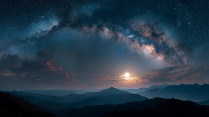 Night Sky Milky Way Over Mountain Range Under Bright Moon