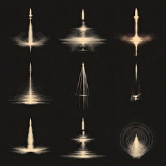 Collection of Rocket Launches and Explosions with Bright Flames and Smoke in Dark Sky