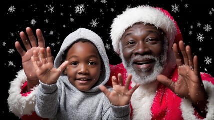 African male santa and child celebrating christmas with joyful snowfall