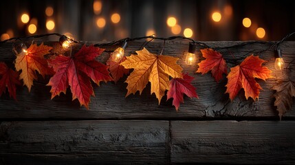 Obraz premium Autumn maple leaves and fairy lights decoration on rustic wooden wall