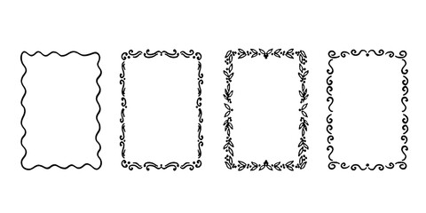 Set of vintage doodle hand drawn Xmas borders with branches Christmas tree, whimiscal lines, decorative patterns, mistletoe, lights garland. Trendy holiday frames for poster, card, invitation.