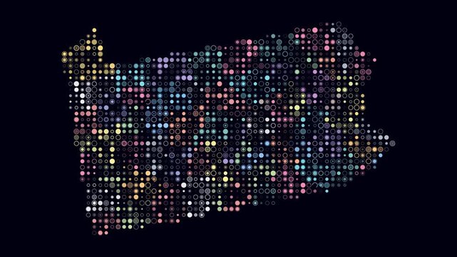 Pennsylvania animated shape. Pulsating colored dots on the map of the state. Small size circle blocks. Digital style Pennsylvania map on dark background. Abstract animation video.