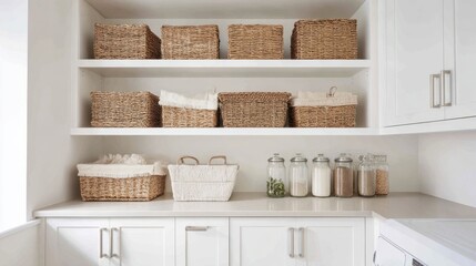 laundry room with white cabinets, woven baskets, neatly organized space, minimalism