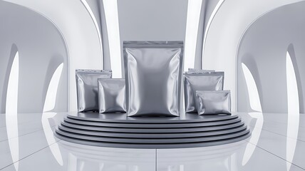 Fototapeta premium Silver metallic pouches on a tiered podium in a futuristic white architectural setting packaging