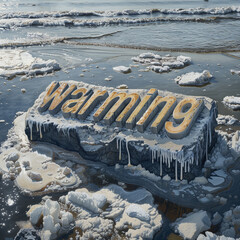 Ice block with word "Warming" on water. Concept of global warming, melting glaciers and sea-level rise