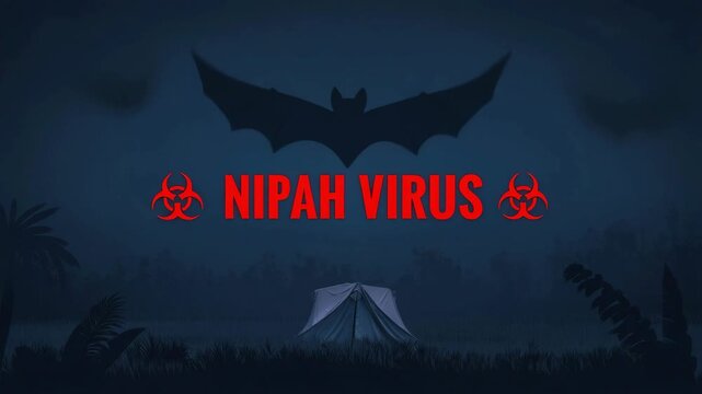 Nipah virus warning with bat silhouette and biohazard symbols, infectious disease alert, zoonotic virus transmission, epidemic threat, health crisis imagery, viral outbreak, dark forest background