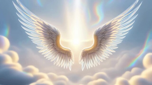 Glowing angel wings in heavenly sky with divine light, celestial clouds, spiritual symbolism, ethereal radiance, peaceful atmosphere, sacred energy, heavenly realm, light beam background