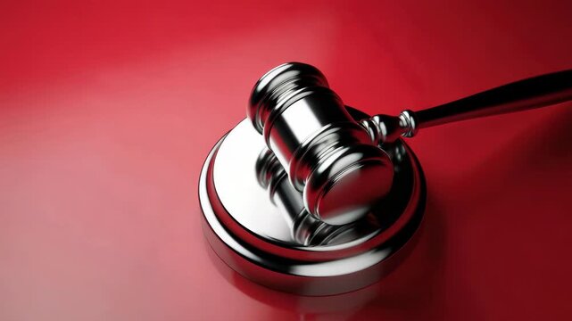 Silver judge gavel on red background, justice authority symbol, legal decision, courtroom object, law enforcement tool, judicial power, modern legal concept, legislative system backdrop