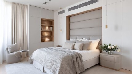minimalist bedroom with fabric headboard, built in niche with soft light, neutral palette, cozy modern style