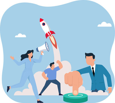 Team Rocket Launch, Collaborative Startup Success in Flat Vector Style, innovation, teamwork, launch, motivation, achievement