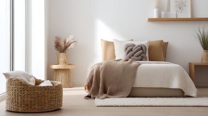 minimalist bedroom with woven cat basket house in corner, soft textures, calming warm palette