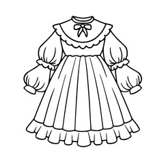 Elegant vintage dress with ruffles and bow, perfect for coloring book illustrations, fashion design projects, or pattern templates