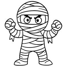 Spooky mummy cartoon character with angry expression ready to scare for Halloween themed designs or coloring books, scalable graphic