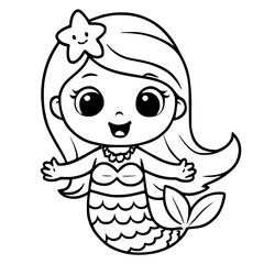 Adorable mermaid with big eyes and starfish hair clip smiling cheerfully, perfect for coloring books and children's designs