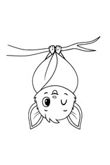 Adorable baby bat hanging upside down from a branch with cute winking expression, perfect for kids halloween designs