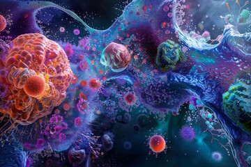 Dynamic, colorful molecules float in space, evoking cosmic, interconnected universe. Vivid palette, intricate patterns create sense of wonder and complexity. Neural network AI generated
