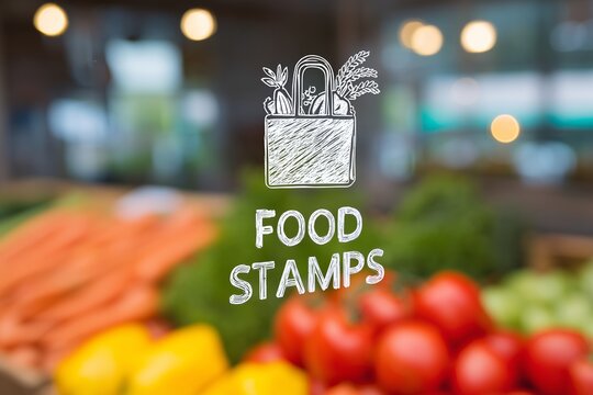 Colorful assortment of fresh vegetables and fruits displayed in a supermarket window, featuring a prominent sign reading food stamps, inviting shoppers to explore healthy options