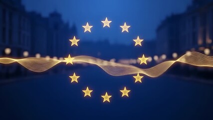 European Union flag animation with golden stars and glowing waves. Symbolizes EU unity, international relations, trade, policy. Ideal for news, events, government, business.