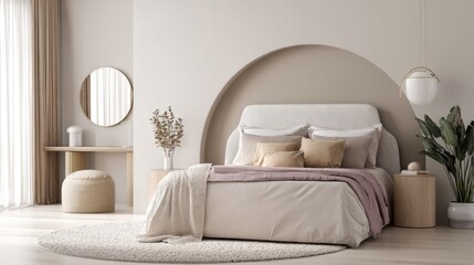 modern bedroom with rounded headboard, wall mounted accent lamp, soft rug, calming warm tones