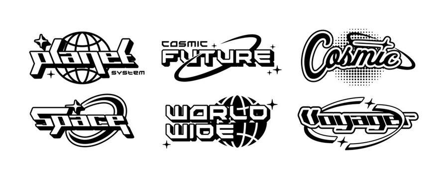 Retro-futuristic Y2K vector text logos with space and cyber themes. Perfect for streetwear, apparel prints, covers, and digital branding.