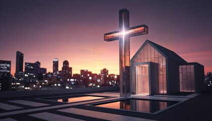 Modern church with glass cross at sunset overlooking the city skyline