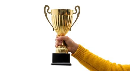 Hand in Yellow Sweater Holding a Golden Trophy award isolated on a transparent background