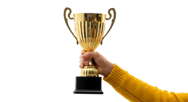 Hand in Yellow Sweater Holding a Golden Trophy award isolated on a transparent background