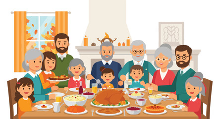 Flat vector of multi-generational family gathered around a Thanksgiving dinner table with turkey centerpiece, celebrating gratitude and love in warm autumn tones