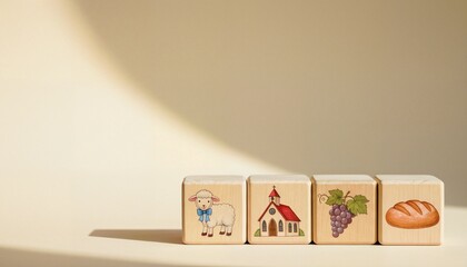 Religious Symbols on Wooden Blocks Depicting Christian Faith and Values