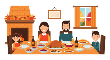 Flat vector of multi-generational family gathered around a Thanksgiving dinner table with turkey centerpiece, celebrating gratitude and love in warm autumn tones