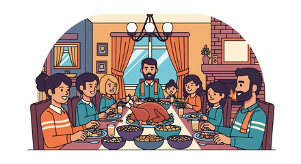 Flat vector of multi-generational family gathered around a Thanksgiving dinner table with turkey centerpiece, celebrating gratitude and love in warm autumn tones
