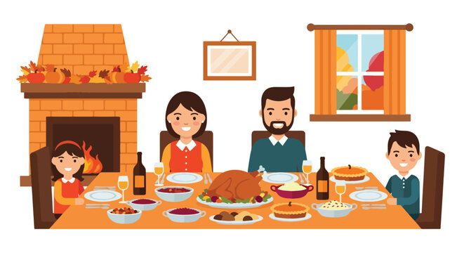 Flat vector of multi-generational family gathered around a Thanksgiving dinner table with turkey centerpiece, celebrating gratitude and love in warm autumn tones