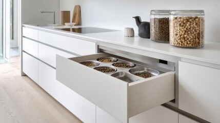 modern minimalist kitchen with organized feeding station for pets, closed food storage drawer, seamless white design