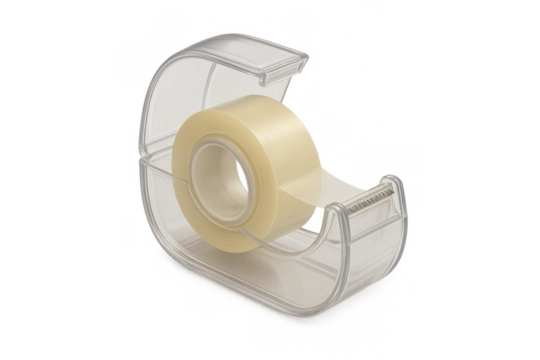 Clear adhesive tape dispenser with transparent plastic holder and cutting blade for office and school supplies