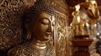 A golden Buddha statue rests peacefully amidst detailed wooden carvings in a serene temple setting.