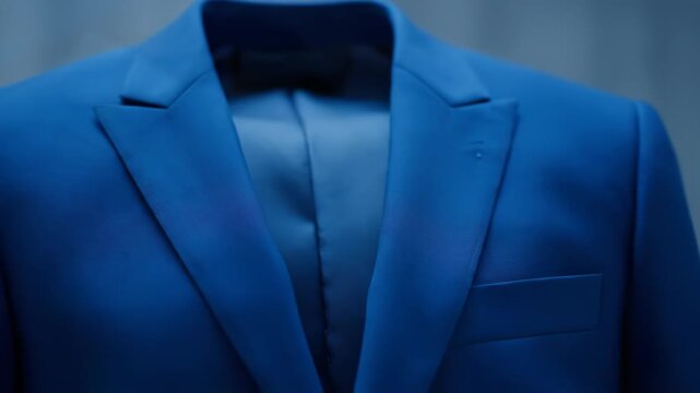 Luxurious blue fabric gracefully unfolds, revealing its smooth texture. A stylish suit jacket emerges, showcasing elegant tailoring and rich color.