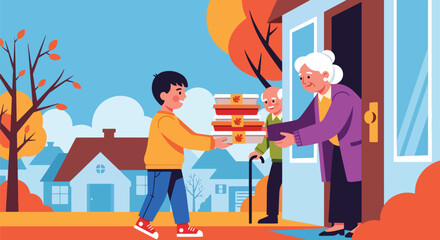 Flat vector of a kid delivering food boxes to elderly neighbors for Thanksgiving, kindness and care theme