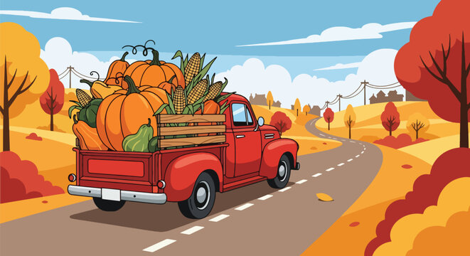 Flat vector of farmer driving truck full of pumpkins and corn on Thanksgiving morning, harvest gratitude theme