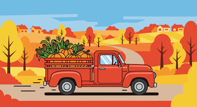 Flat vector of farmer driving truck full of pumpkins and corn on Thanksgiving morning, harvest gratitude theme