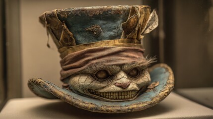 Eerie hat features a haunting face cleverly crafted with intricate details on display for visitors.