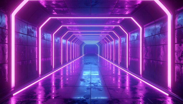 Lit, futuristic corridor with neon pink glow reflecting on floor and fading into depth with blue light