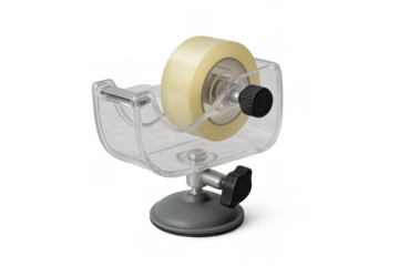 Tape dispenser with a roll of clear adhesive tape, featuring a suction cup base and sharp cutter, isolated on transparent background