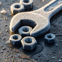 Frost covered tools and nuts on a dark wet surface, cold weather concept