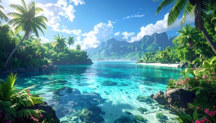 Lush tropical beach paradise view with turquoise water, palms and distant mountains under a partly cloudy blue sky