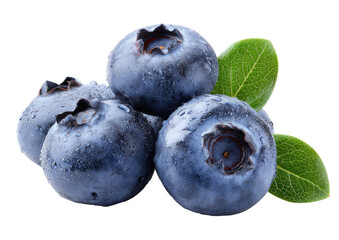 Obraz premium Close-up of fresh blueberries clustered together, glistening with water droplets, atop vibrant green leaves
