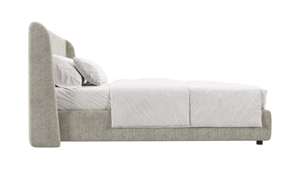 Modern upholstered bed with beige fabric and white bedding, side view