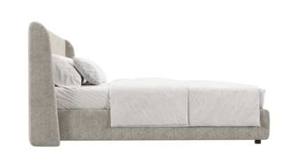Modern upholstered bed with beige fabric and white bedding, side view