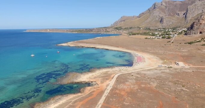 Aerial view of Macari Beach, located near San Vito Lo Capo, in province of Trapani, in Sicily, Italy. It is a beautiful coast with a turquoise and crystalline sea.
