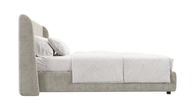 Modern upholstered bed with beige fabric and white bedding, side view