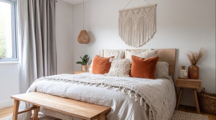 scandinavian bedroom with neutral palette, boho macrame wall art, terracotta accent pillows, wooden bed frame